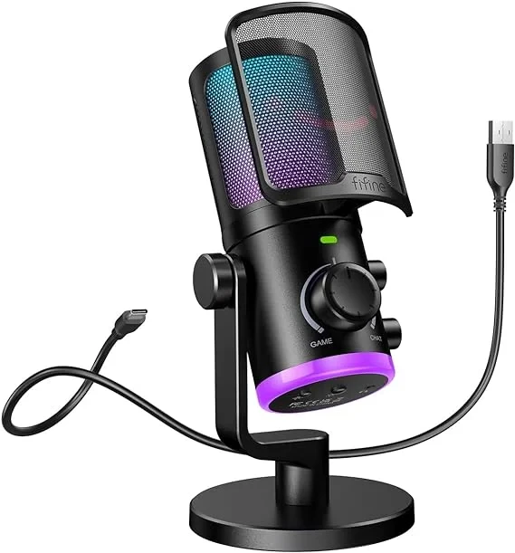 Fifine Ampligame AM6 USB Gaming Microphone - Condenser Mic with Noise Cancellation, RGB Lighting, Gain & Balance Knobs for Streaming and Podcasting