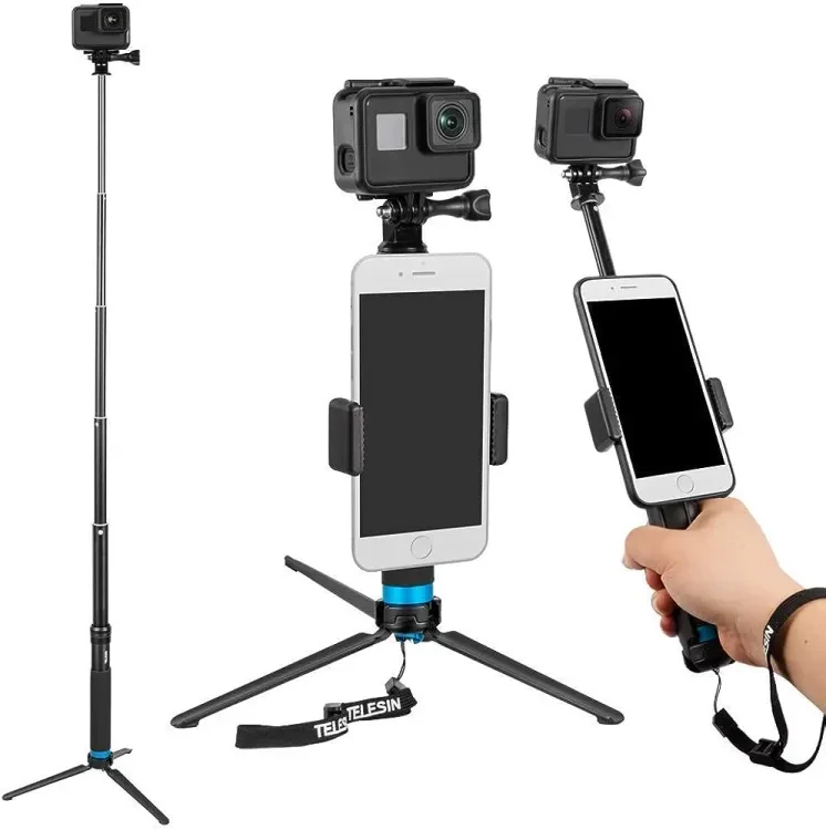 Telesin GP-MNP-090-S Extendable Aluminum Alloy Selfie Stick With Tripod And Phone Clip