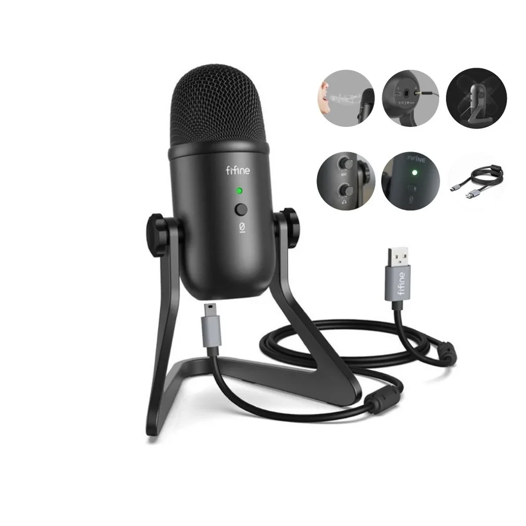 Fifine K678 Studio USB Microphone with Live Monitoring, Gain Controls & Mute Button for Podcasting